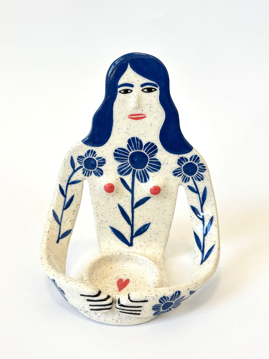 Blue Hair Girl with flowers on white skin - Full Body Candle Person - Ceramic candle holder by Studio Soph