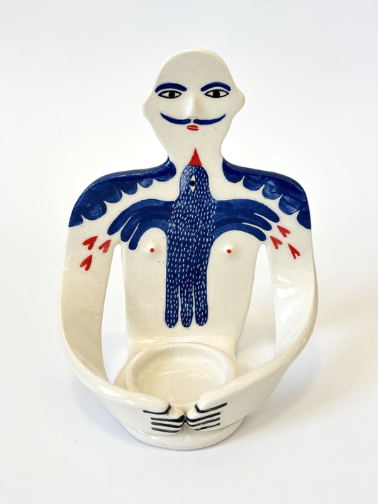 Moustache Guy with a bird Full Body Candle Person - Ceramic candle holder by Studio Soph