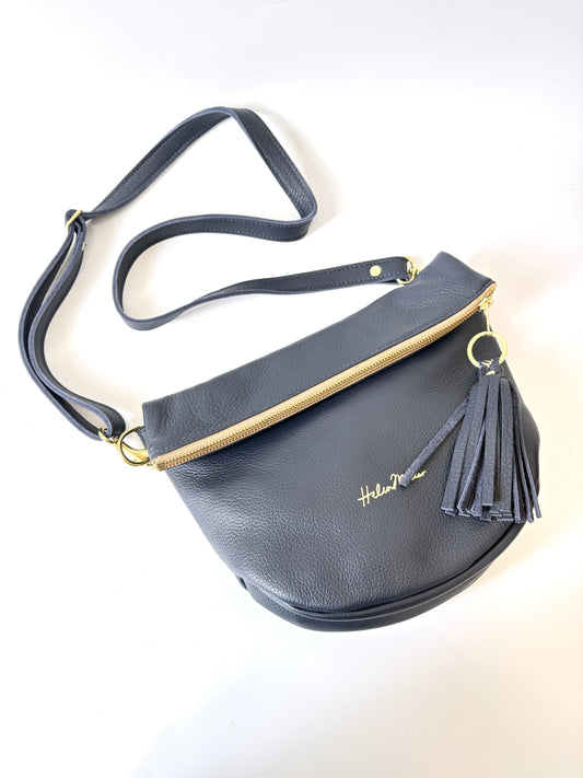 Mini Slouch - Navy leather with Feathers lining