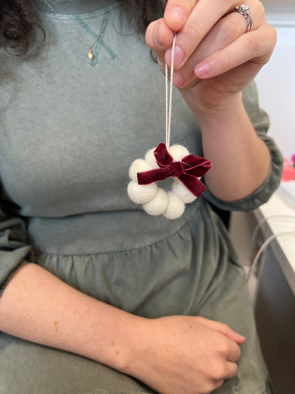Mini Bow Wreath - NZ Felted Wool - White / Burgundy