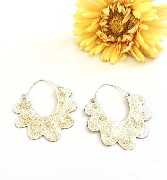 Ruffle Hoop Earrings - White, Gold Glitter