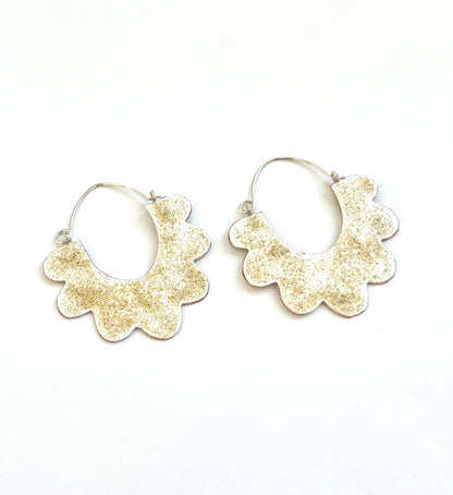Ruffle Hoop Earrings - White, Gold Glitter
