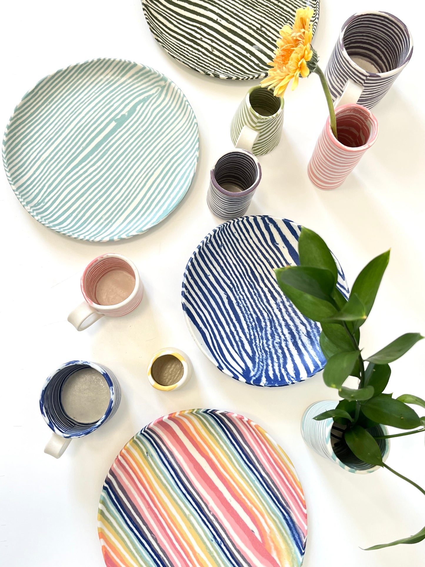 Ceramic Nerikomi Plate - Large - Turquoise stripe