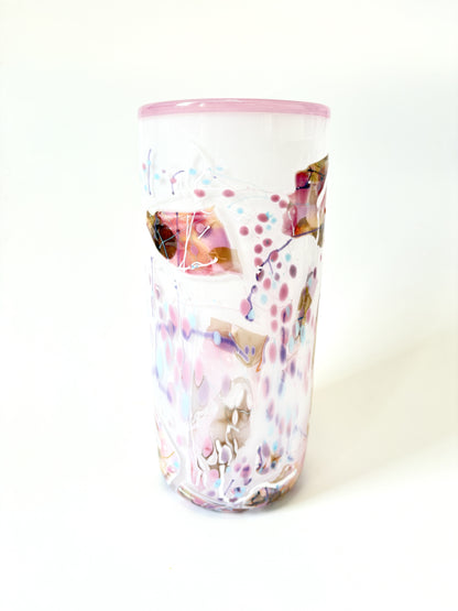 White with Pinks Handblown Glass Cylinder 'Shard; Vase - by Grinter Glass