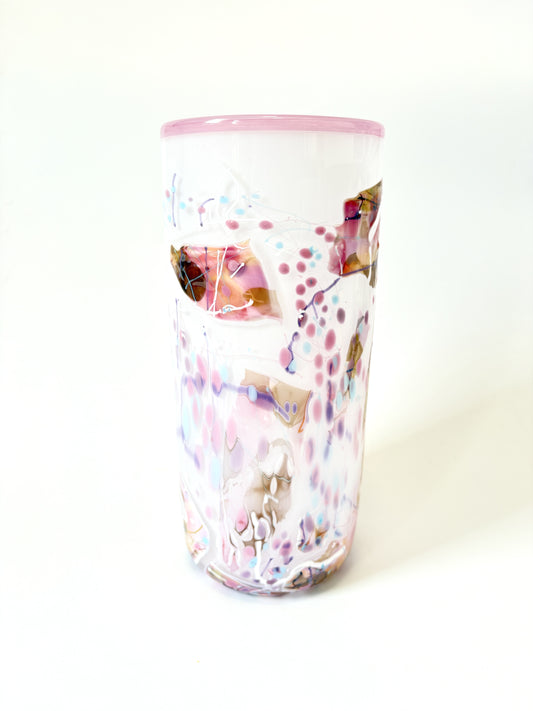 White with Pinks Handblown Glass Cylinder 'Shard; Vase - by Grinter Glass