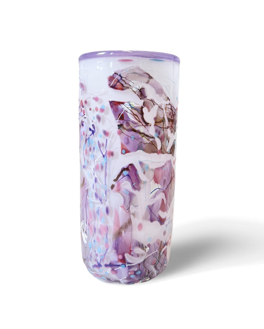 White with Violet Shard Handblown Glass Cylinder Vase - by Grinter Glass