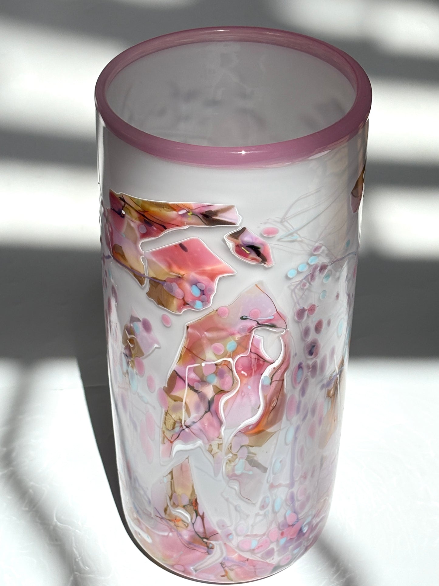 White with Pinks Handblown Glass Cylinder 'Shard; Vase - by Grinter Glass