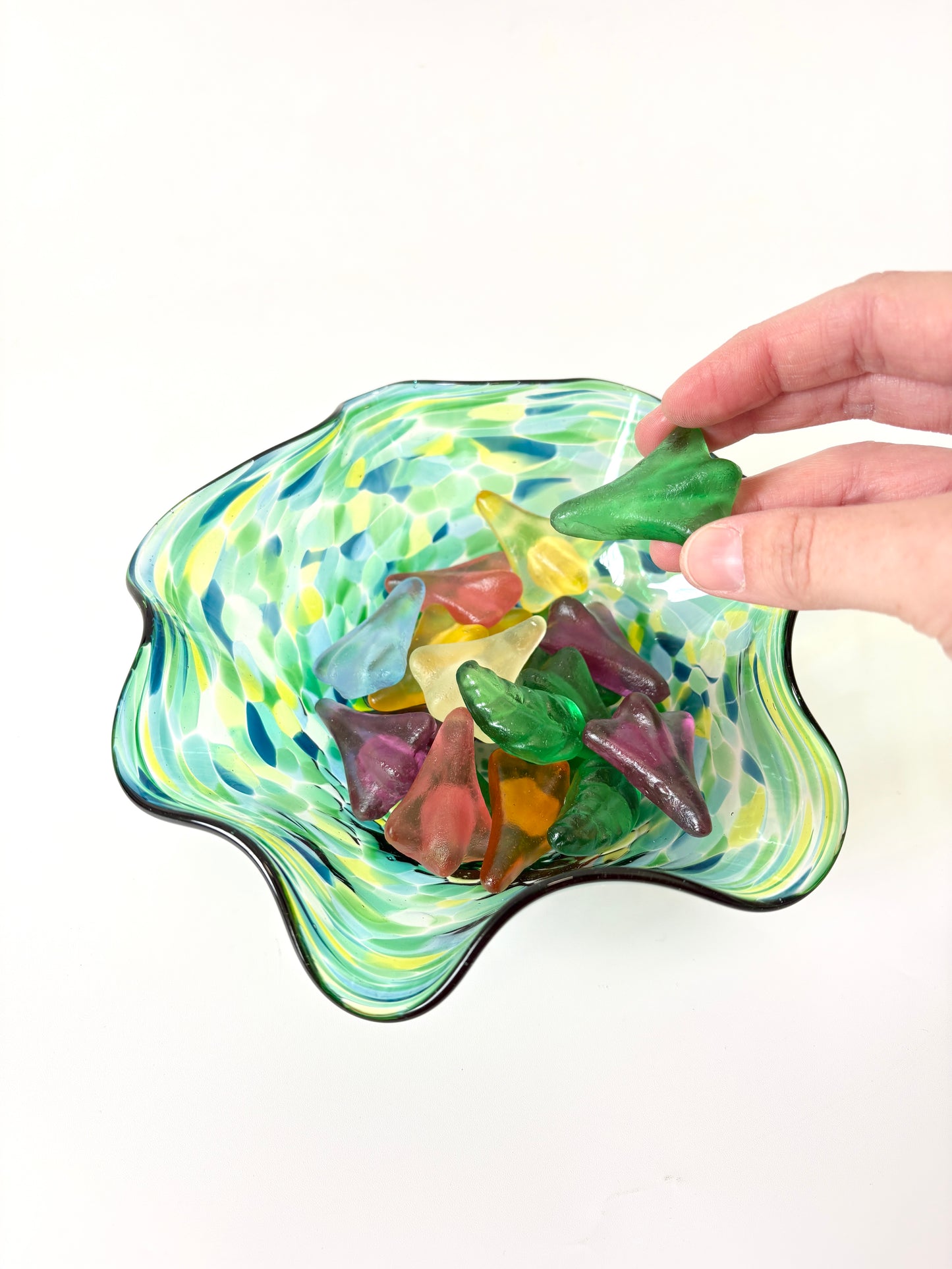 Wavy Handblown Glass Lolly Bowl - Green