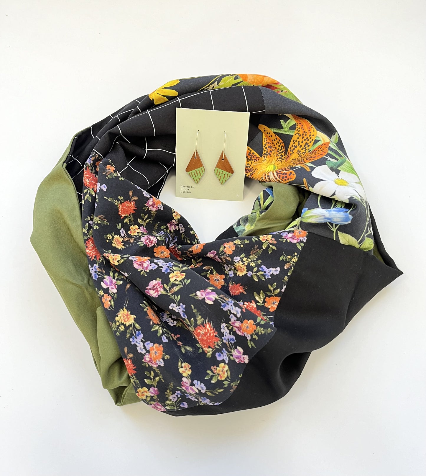 Infinity Scarf - Bright Florals on Black / Forest Green