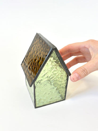 Stained Glass tea light House - Pale Olive