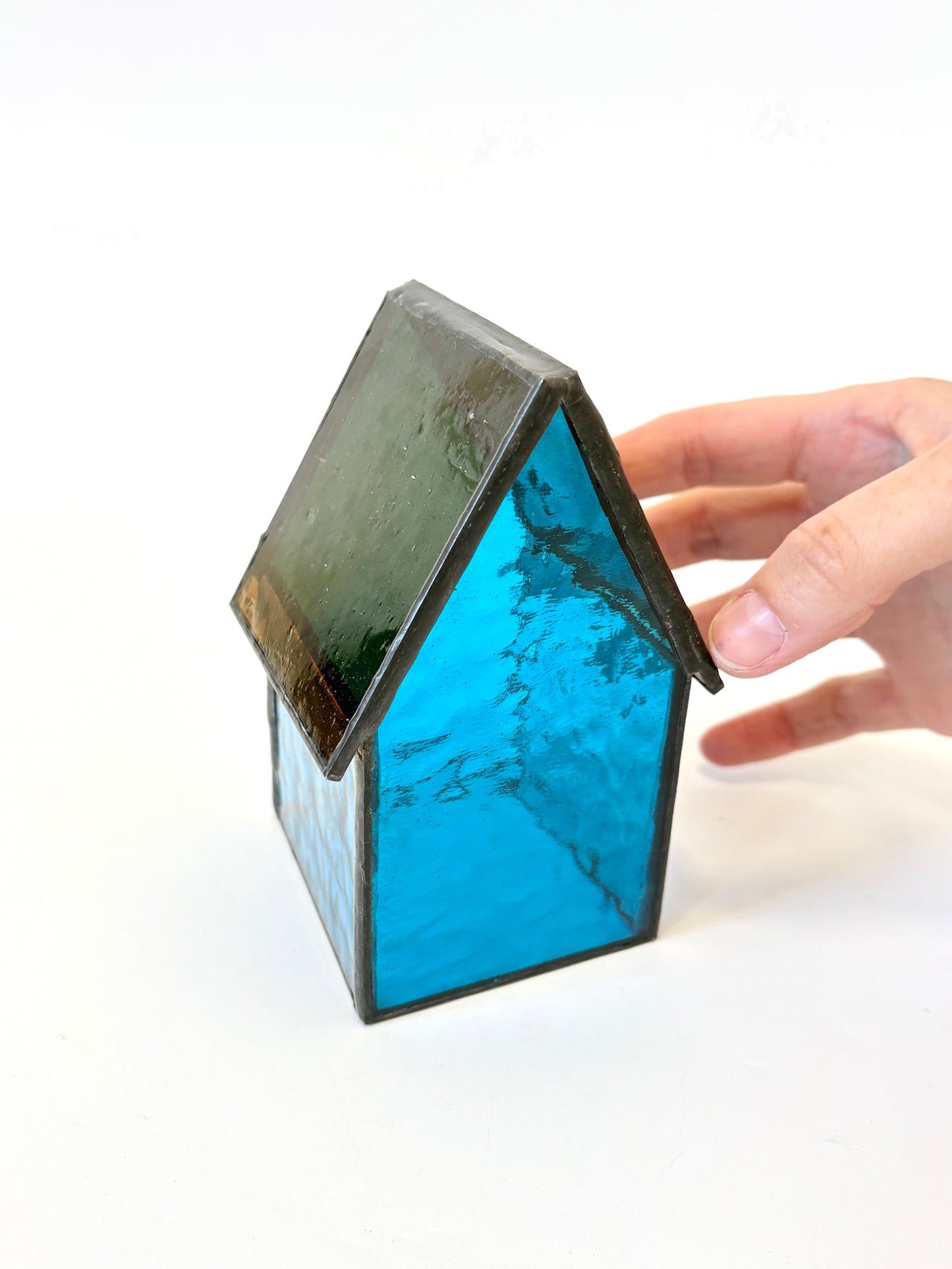 Stained Glass tea light House - Teal Blue