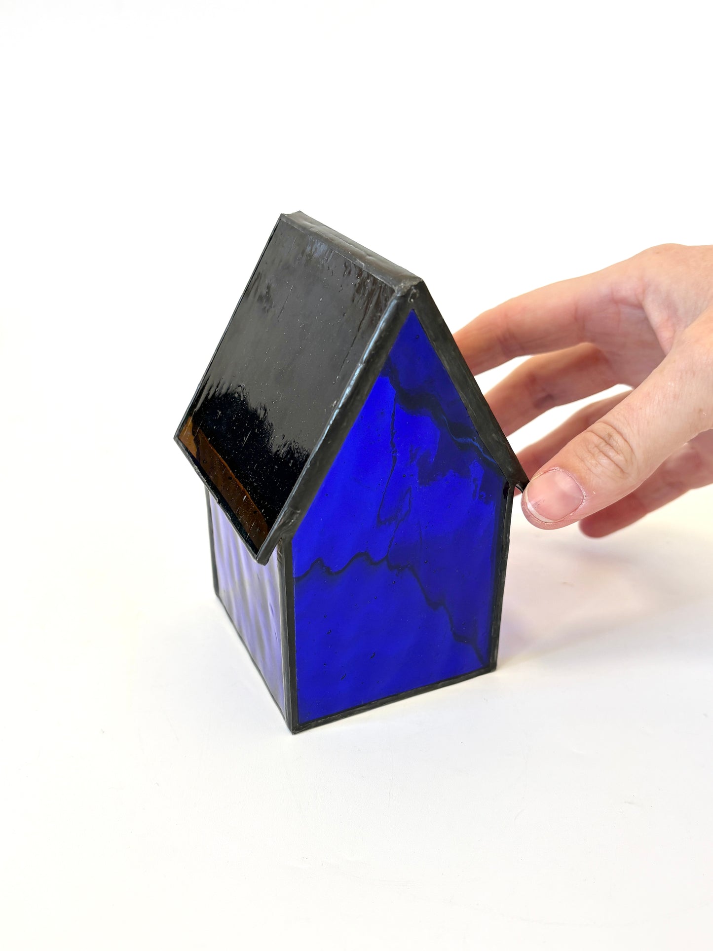 Stained Glass tea light House  - Dark Blue