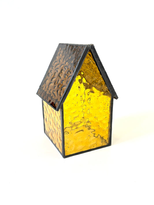 Stained Glass Tea Light House - Dark Yellow