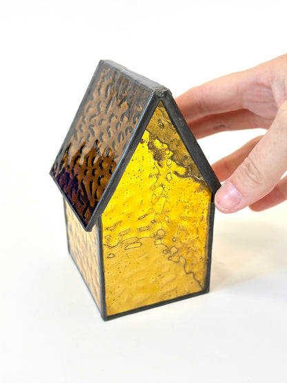 Stained Glass Tea Light House - Dark Yellow