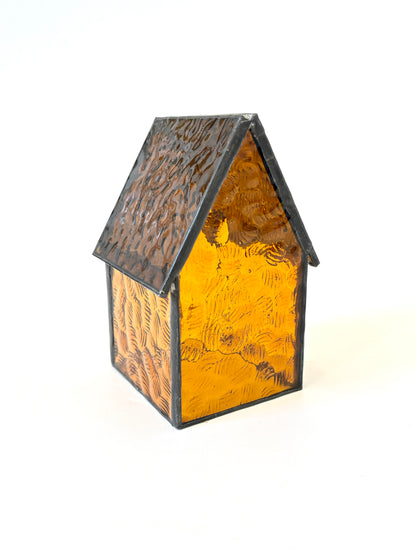 Stained Glass tea light House - Amber