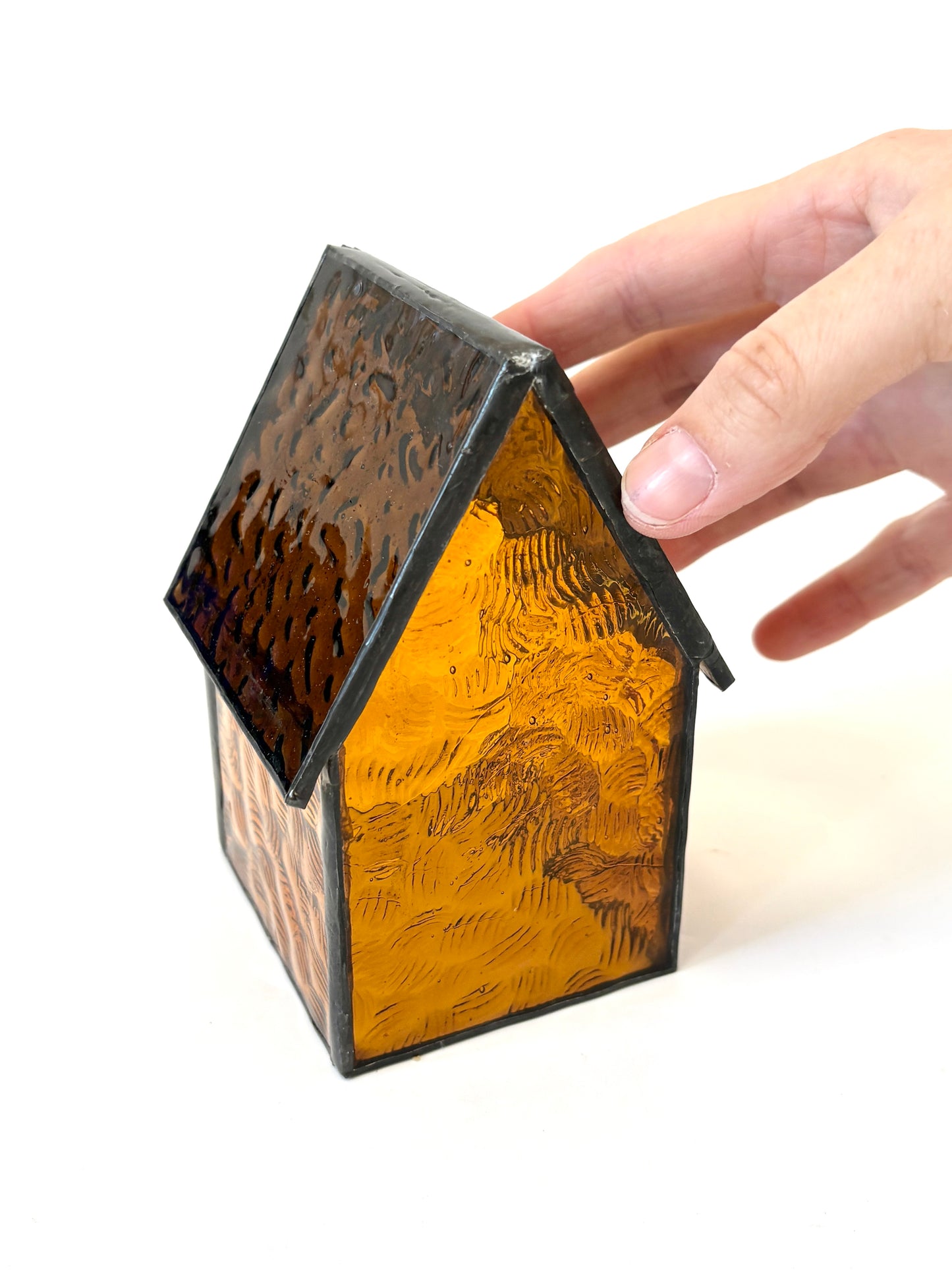 Stained Glass tea light House - Amber