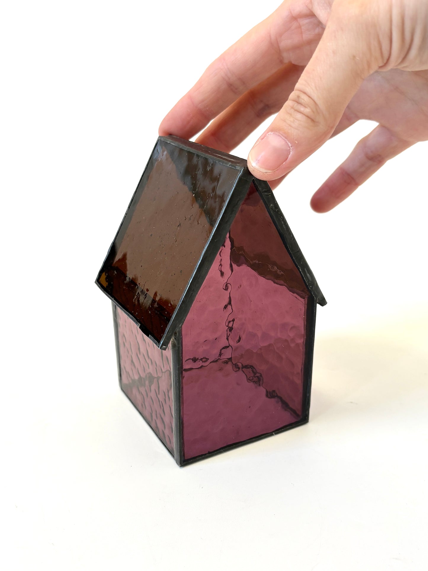 Stained Glass tea light House - Ruby/Purple