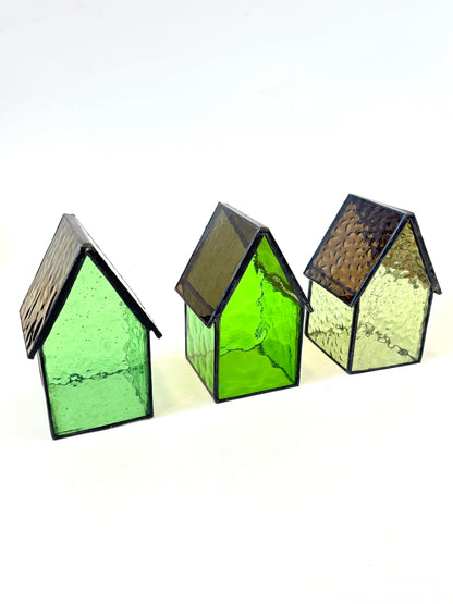 Stained Glass tea light House - Pale Olive