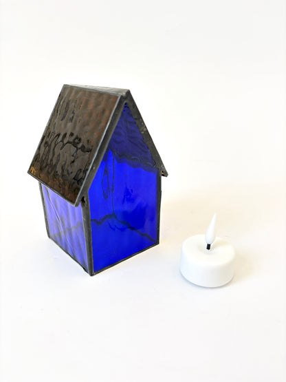 Stained Glass tea light House  - Dark Blue