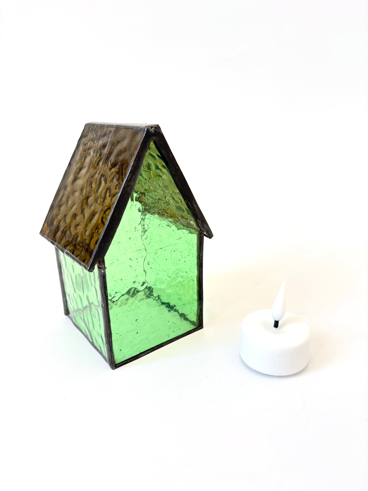 Stained Glass tea light House  - Green