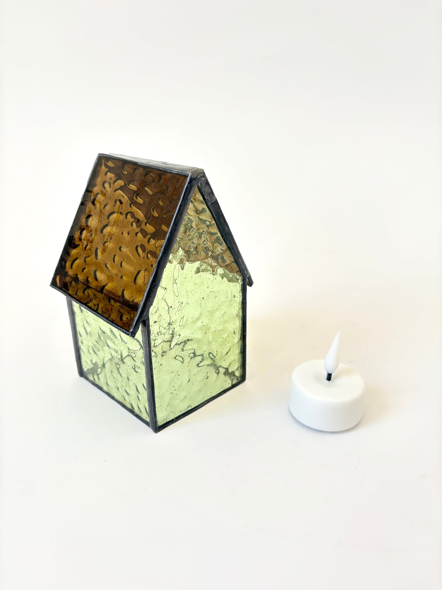 Stained Glass tea light House - Pale Olive