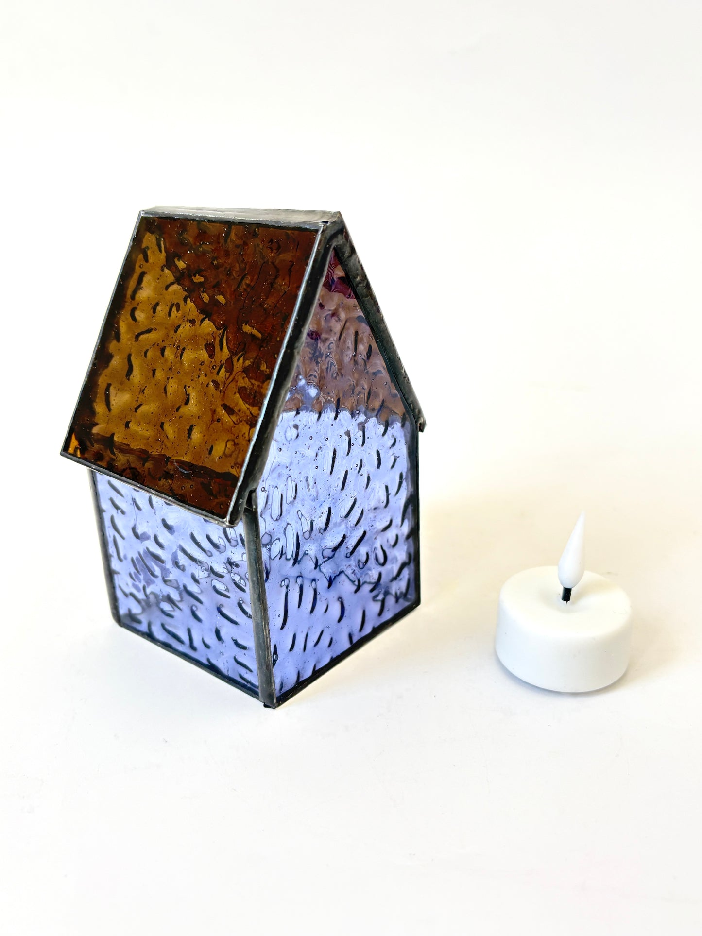 Stained Glass tea light House - Purple