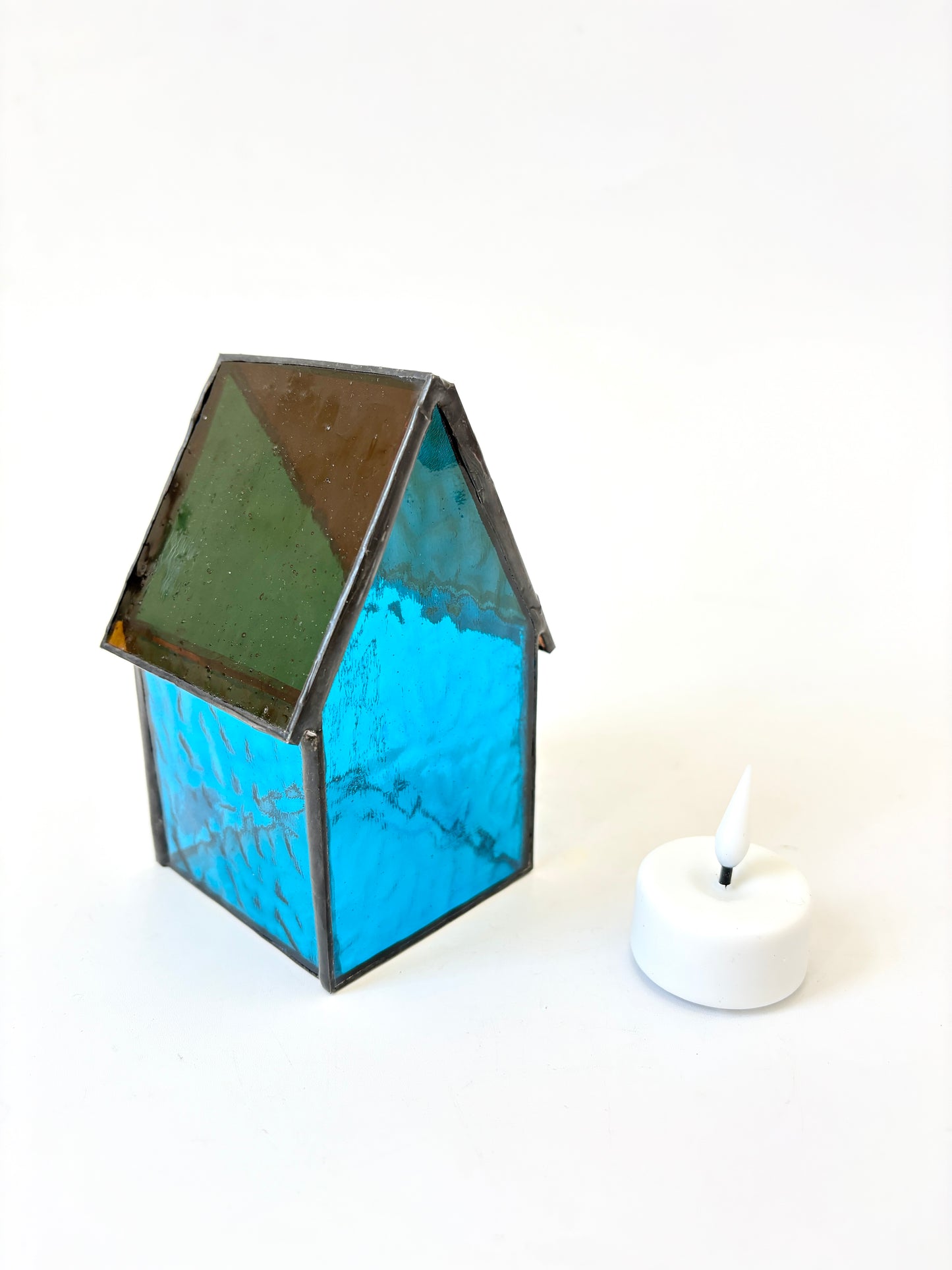Stained Glass tea light House - Teal Blue