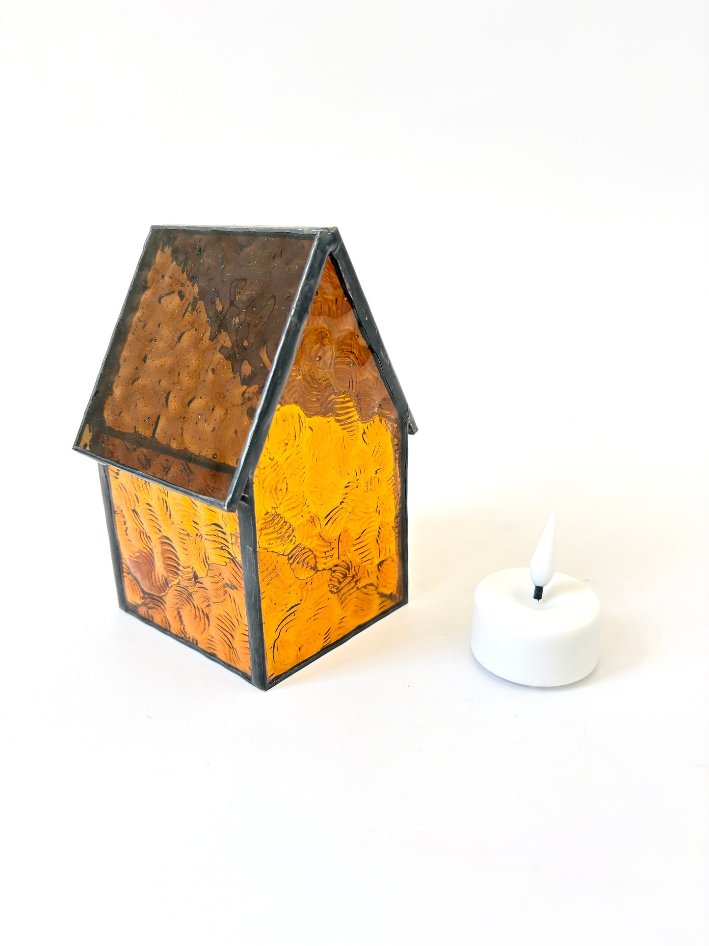 Stained Glass tea light House - Amber