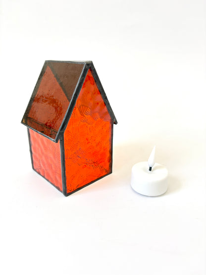 Stained Glass tea light House - Orange