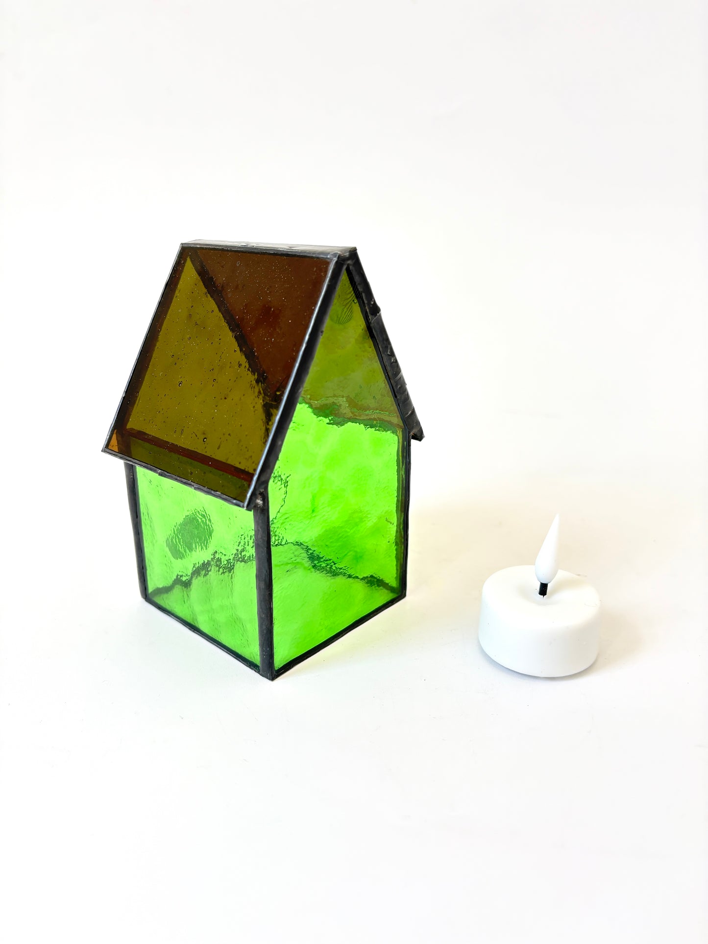 Stained Glass tea light House - Lime Green