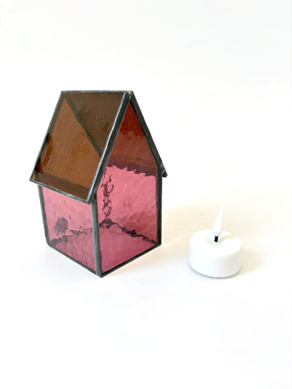 Stained Glass tea light House - Ruby/Purple