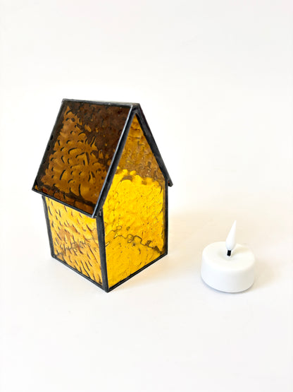 Stained Glass Tea Light House - Dark Yellow