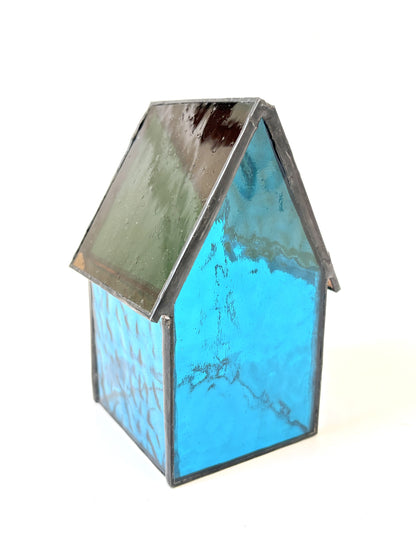 Stained Glass tea light House - Teal Blue