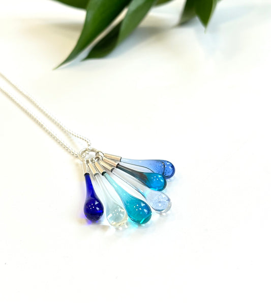 Glass Teardrop Cluster Necklace - Blues