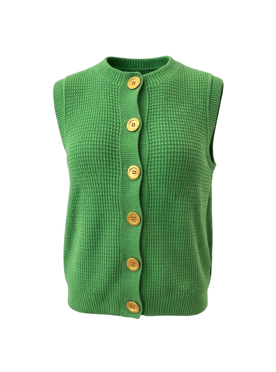 Kelly Green 'Hepburn' Button Vest - Textured Cotton/Merino