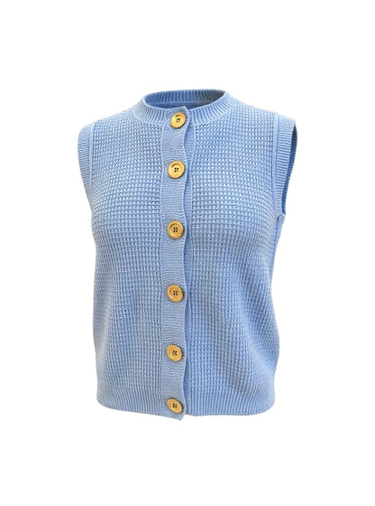 Sky Blue 'Hepburn' Button Vest - Textured Cotton/Merino