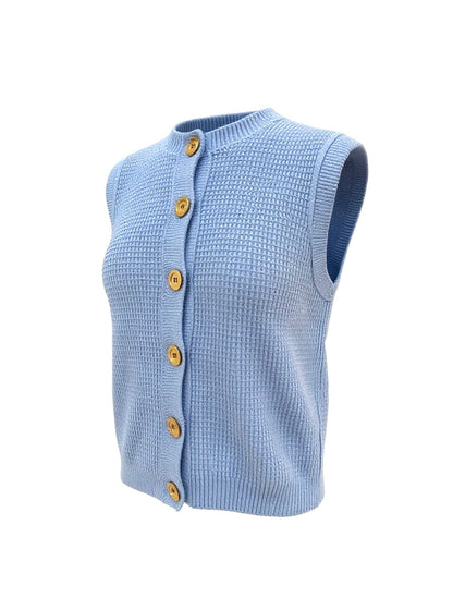 Sky Blue 'Hepburn' Button Vest - Textured Cotton/Merino