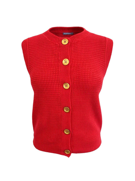 Cherry Red 'Hepburn' Button Vest - Textured Cotton/Merino