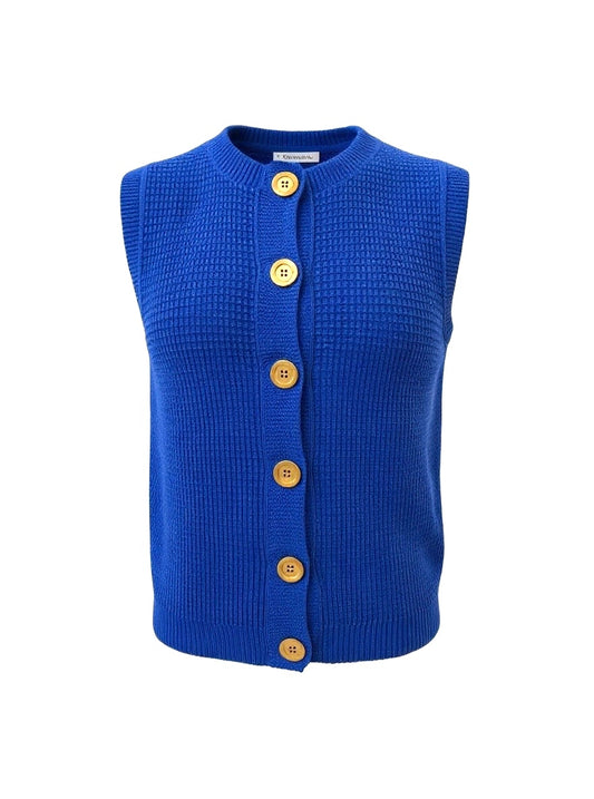 Cobolt Blue 'Hepburn' Button Vest - Textured Cotton/Merino
