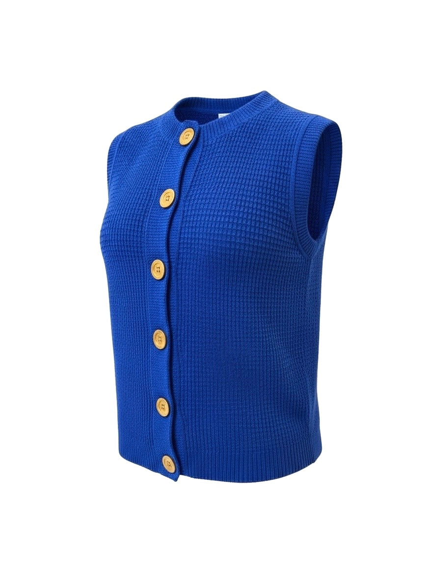 Cobolt Blue 'Hepburn' Button Vest - Textured Cotton/Merino