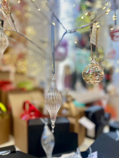 Fluted hand blown clear glass bauble - 2025 Ornament