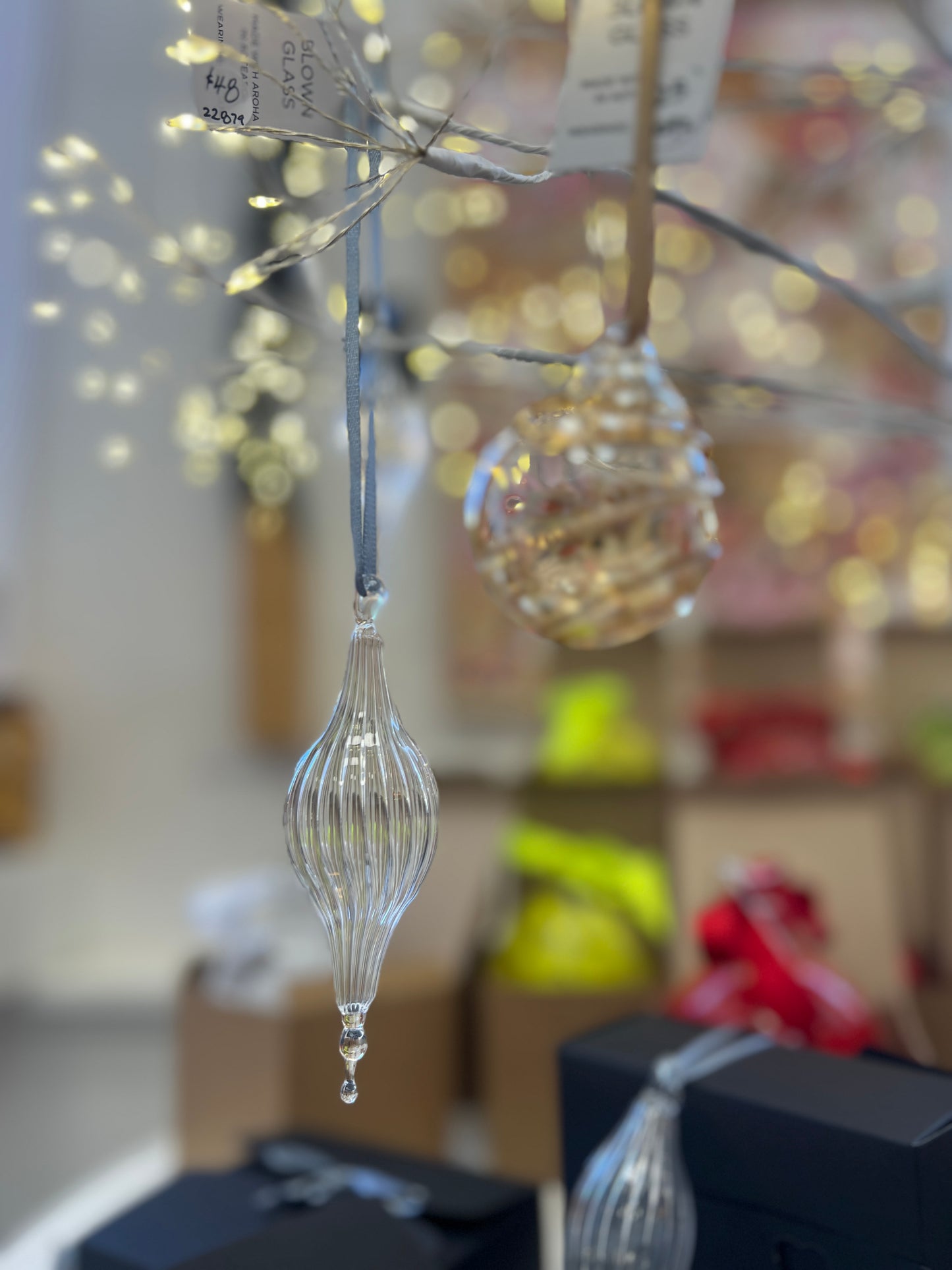 Fluted hand blown clear glass bauble - 2025 Ornament