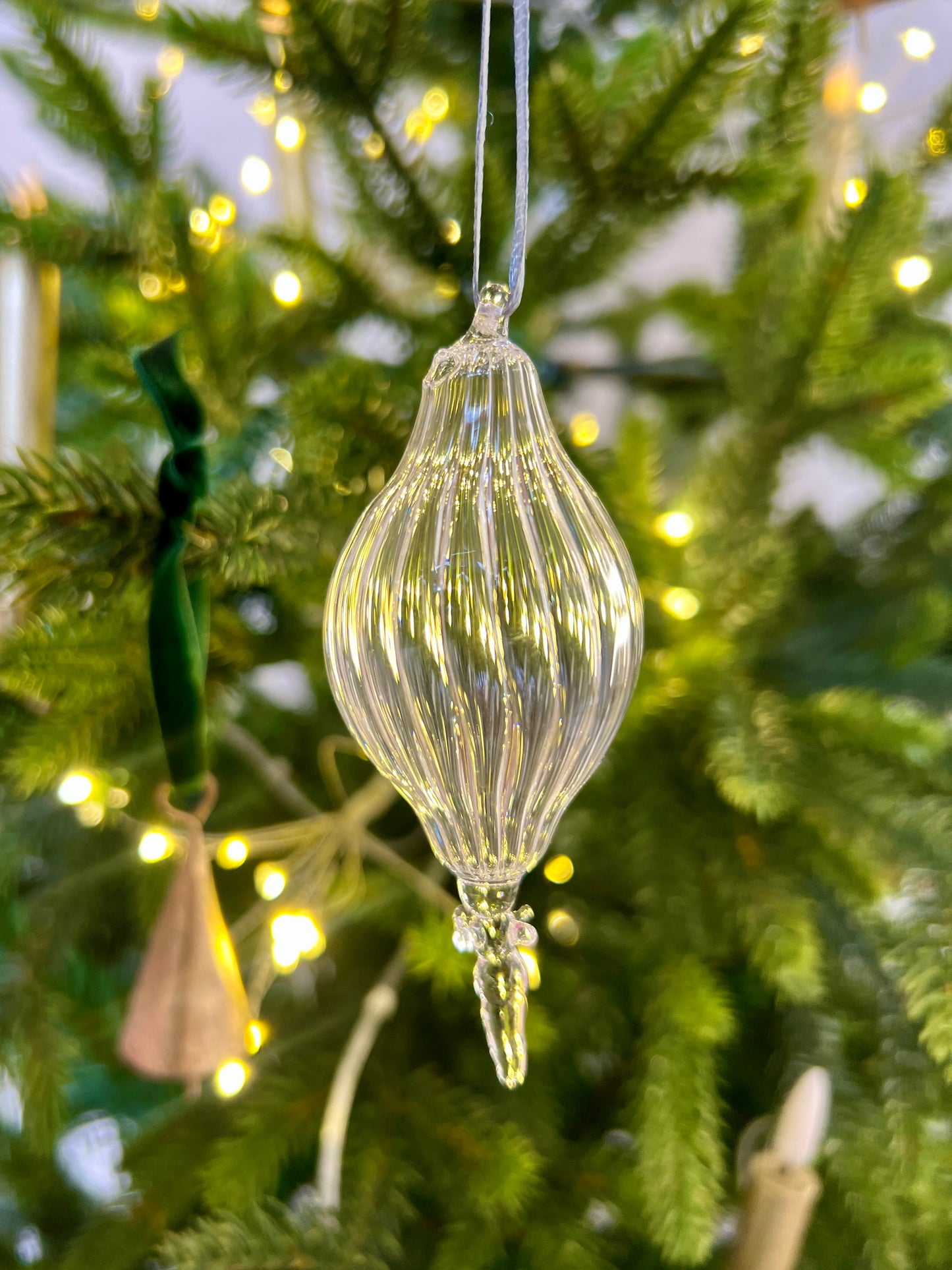 Fluted hand blown clear glass bauble - 2025 Ornament