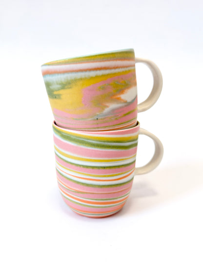 Ceramic Thrown Mug - Tall - Green & Pink Rainbow