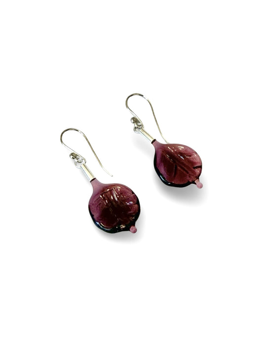 Glass Leaf Drop Earrings - Aubergine