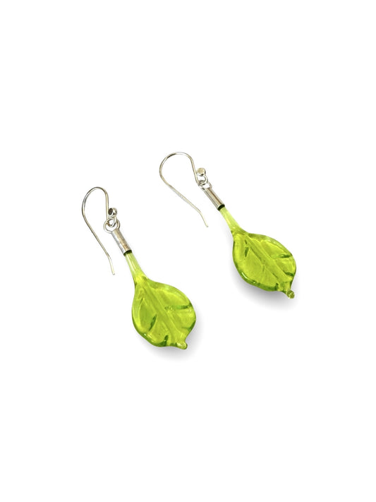 Glass Leaf Drop Earrings - Peridot
