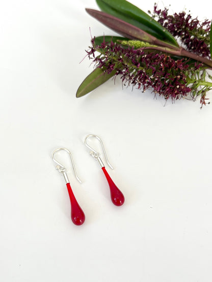 Glass Teardrop Earrings - Red