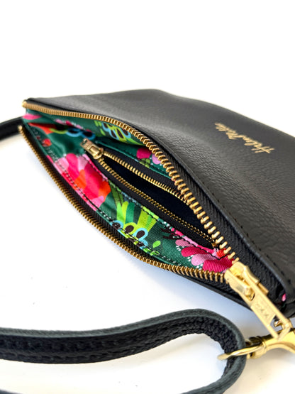 Black Leather Zipette Bag with back pocket
