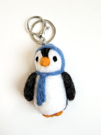 Penguin Felted Wool Keyring/Clip - Blue