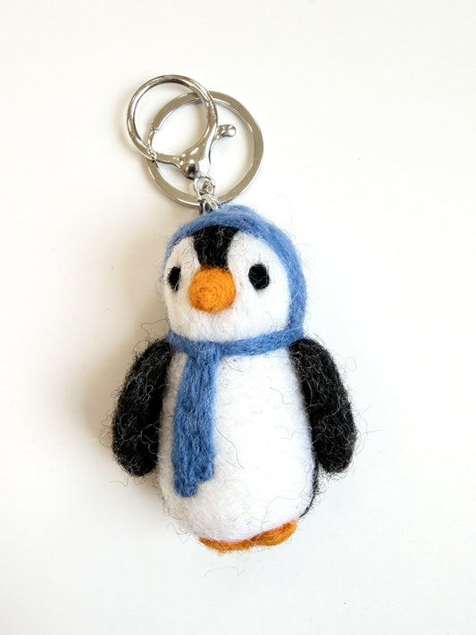 Penguin Felted Wool Keyring/Clip - Blue